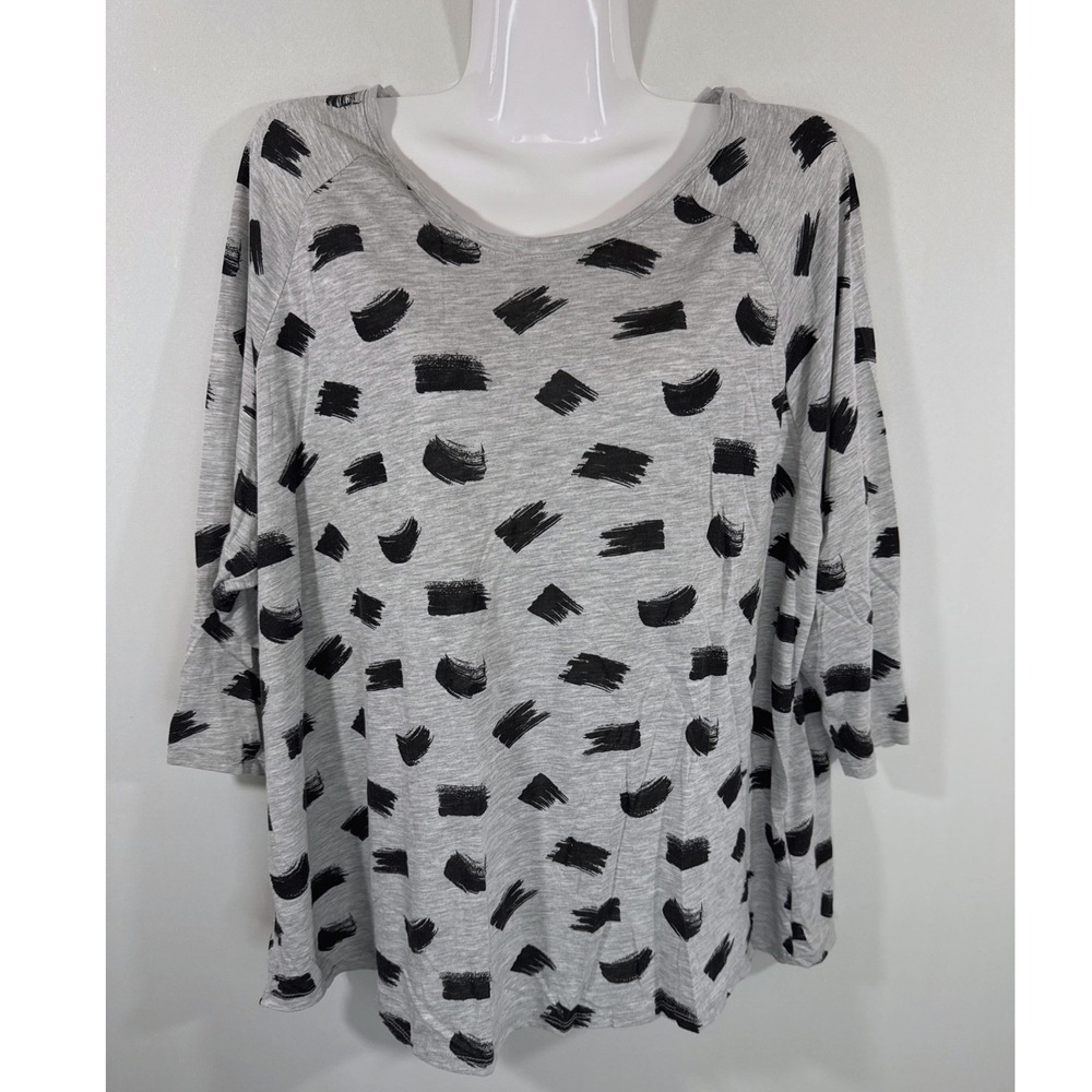 HM+ Womens 2XL‎ Grey Black Abstract Brushstroke Raglan 3/4 Sleeve Knit Top